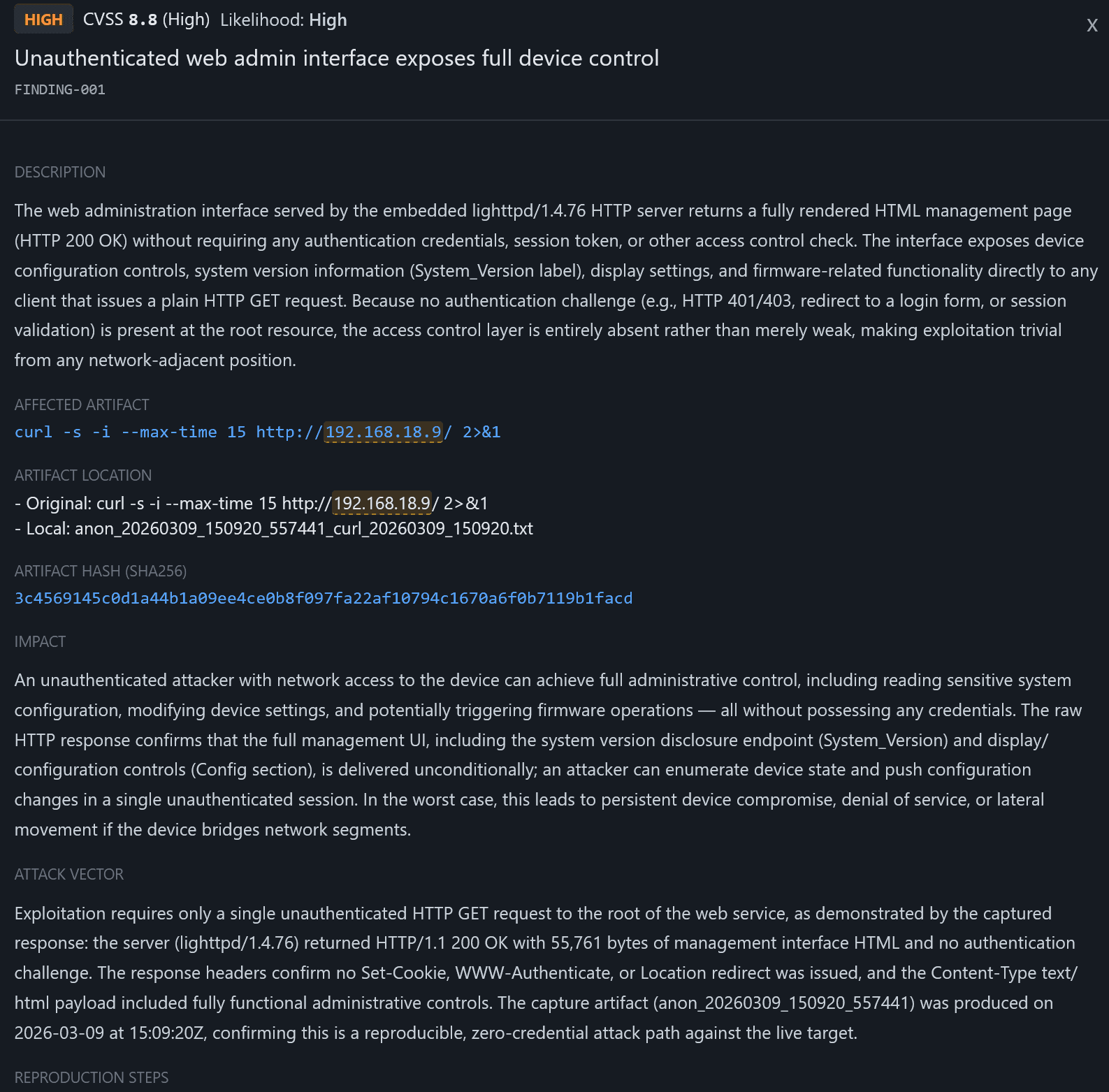 BRA finding artifact showing a high-severity unauthenticated admin interface issue with description, impact, and reproduction details.