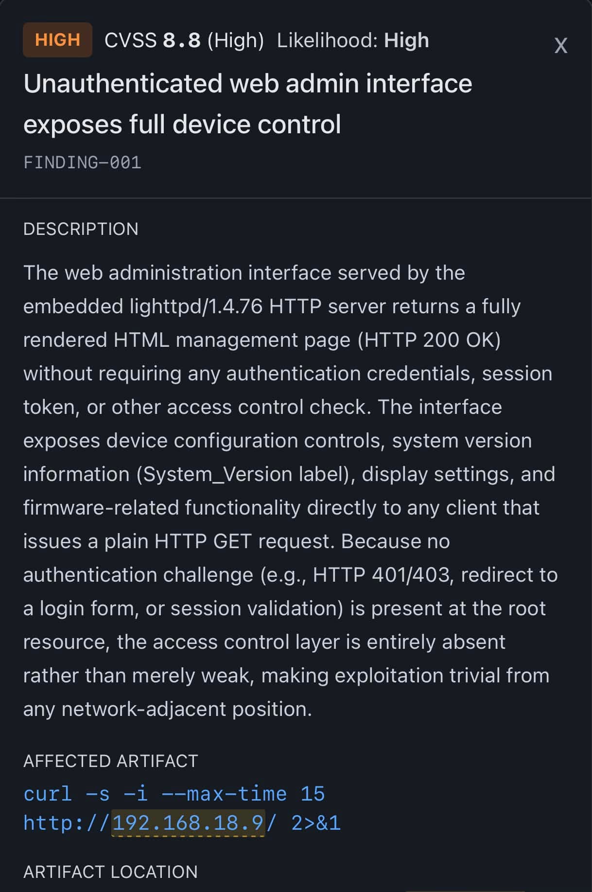 BRA finding artifact showing a high-severity unauthenticated admin interface issue with description, impact, and reproduction details.