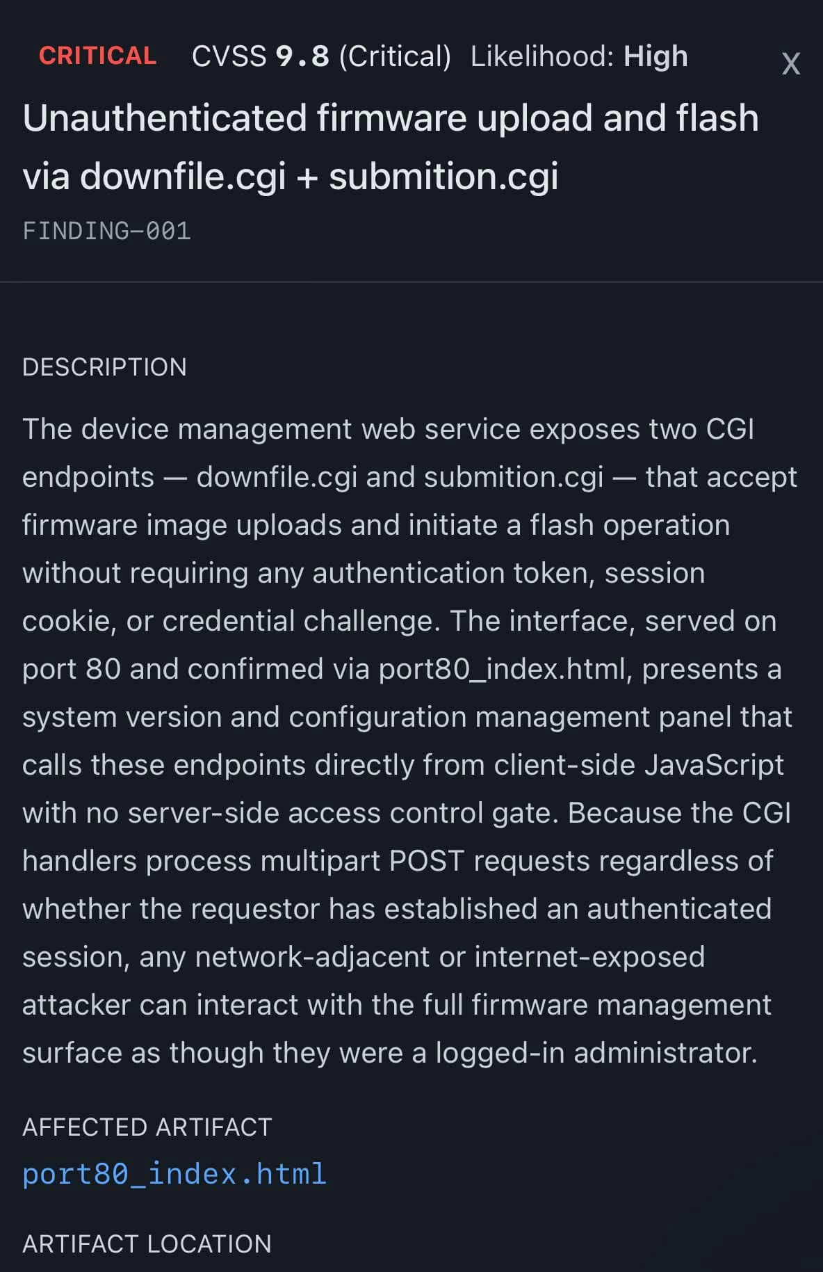 BRA finding artifact showing a high-severity unauthenticated admin interface issue with description, impact, and reproduction details.